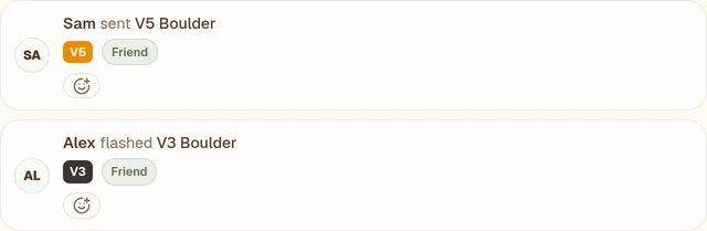 Example activity: a friend sends a V5 and another flashes a V3.